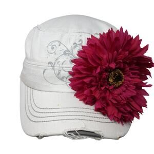 Leather LOGA Cadet Army Cap White One Size Adjustable Distressed Flower